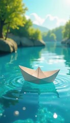 Obraz premium Tiny paper boat sailing on blue water, bubbles rising, sunny sky , summer, bright