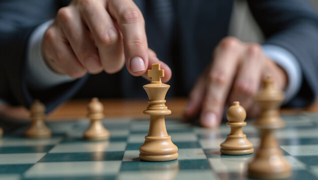 Person's hand carefully moving a chess piece representing strategy, planning, and decision-making in leadership