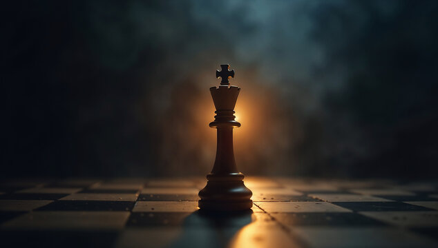 A black king chess piece stands out on a chessboard with a glowing light in the background