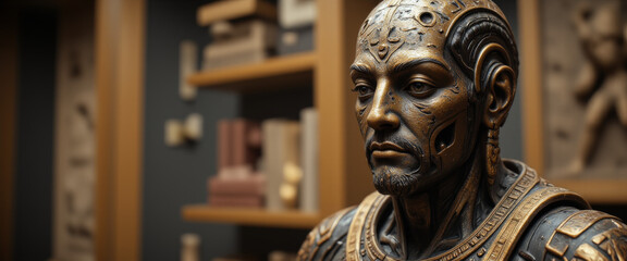 Bronze robot statue with a contemplative mood in a museum setting