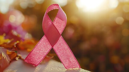 Pink ribbon on hand, autumn leaves, sunset background, cancer awareness