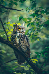 Obraz premium Majestic Owl Perched in Dense Forest, Embracing Mystical Wisdom and Tranquility in Nature's Sanctuary