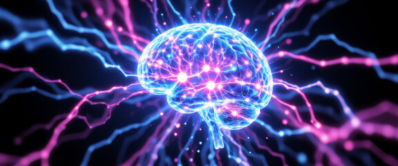 Fototapeta premium Digital brain illustration with vibrant energy representation against a dark background