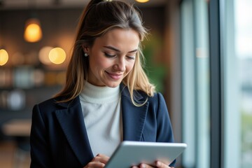 Fototapeta premium Professional Woman Engaged in Digital Productivity with Tablet in Modern Office Environment Surrounded by Soft Lighting and Contemporary Decor