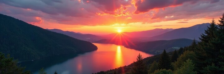 Obraz premium Sonnenuntergang ?ber Regenwolken auf einem Berg, sky, lake, forest