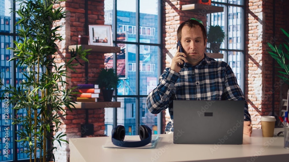 Poster manager at work arguing with employee during phone call after finding mistakes in spreadsheets on la