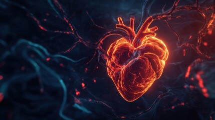 Fototapeta premium An abstract representation of the human cardiovascular system with glowing blood vessels and a dark, ethereal background, Futuristic style