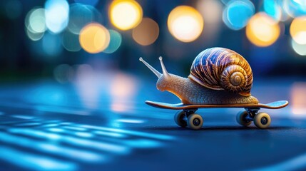 Snail skateboarding at night, city bokeh
