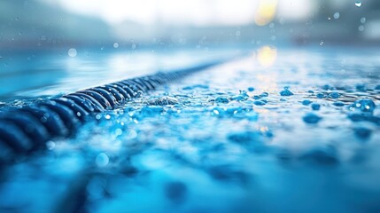 Pool lane rope with splashing water, blurred background lights suggest evening swim practice