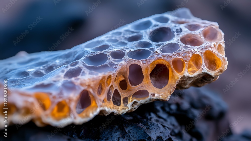 Poster macro photography of honeycomb structure with orange and blue gradient colors showing natural geomet