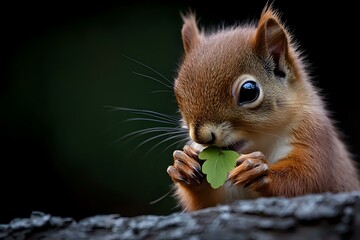 Fototapeta premium Close-up portrait of red squirrel eating green leaf against dark background, showing detailed whiskers and expressive blue eyes in natural forest setting.