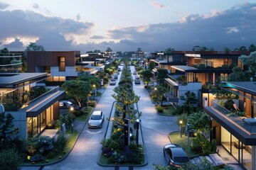 Obraz premium Futuristic smart city homes. EV charging, fiber optics, smart lighting, and integrated security ensure a connected, sustainable lifestyle. Automated systems enhance convenience.