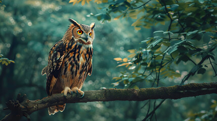 Obraz premium Majestic Owl Perched in Dense Forest, Embracing Mystical Wisdom and Tranquility in Nature's Sanctuary