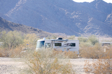 Lone A-Class RV Camper stealth camping in the Desert Mountains