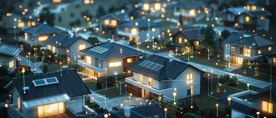 Smart microgrid community. Houses share energy via a visualized network. Distributed storage load balancing and grid independence are key features.