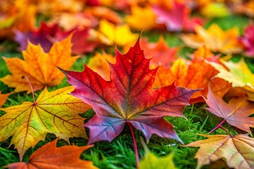 Fototapeta premium Vibrant Autumn Maple Leaves Macro Photography - Green Ground Cover