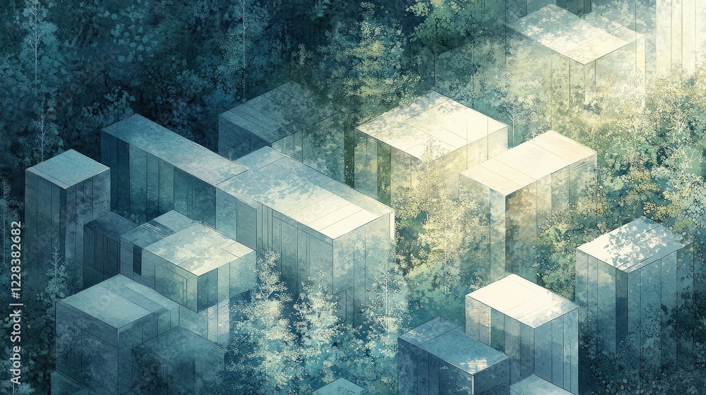 Poster abstract aerial view of geometric structures amidst a dense forest, with soft light filtering throug