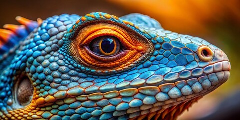 Obraz premium Vibrant Blue and Orange Lizard Close-Up: Exotic Reptile Macro Photography