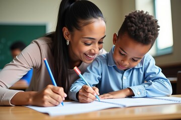 A Dedicated Teacher Engaging with a Young Student in a Classroom Environment, Fostering Learning and Creativity Through Collaborative Activities