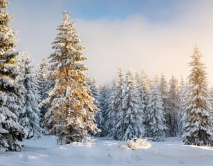 A snowy forest landscape with tall pine trees covered in fresh snow under a soft winter morning light.