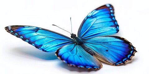 Fototapeta premium Vibrant Blue Butterfly Wings, Close-up Macro Tilt-Shift Photo, Isolated White Background
