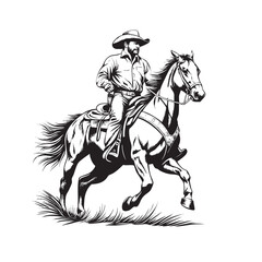 Fototapeta premium Monochrome illustration of a cowboy riding a galloping horse, detailed with bold strokes, showcasing Western spirit, strength, and freedom in action.