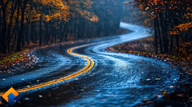 Rainy autumn road curves through forest