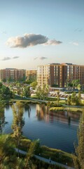 Obraz premium Modern student housing development. Dormitories, study areas, recreation, dining, and outdoor spaces create a vibrant campus. Lakeside setting adds serenity.