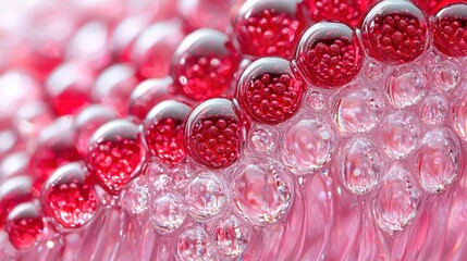 Red microbeads in transparent bubbles on pink surface, macro close-up