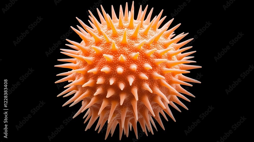 Poster orange spiky sphere with sharp thorny protrusions on black background, isolated macro photography sh