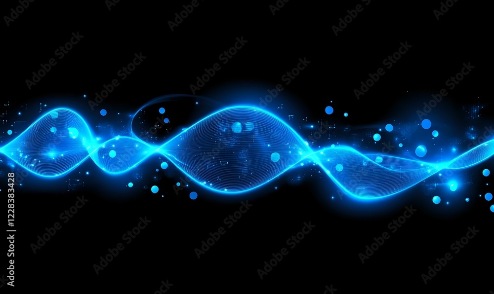 Poster glowing blue wave pattern with light particles and bokeh effects on black background, abstract digit