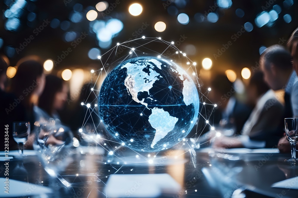 Poster digital globe with network connections floating over business meeting table with blurred people and 