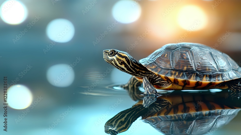 Aufkleber small turtle walking on reflective surface with bokeh lights in background, side view macro photogra