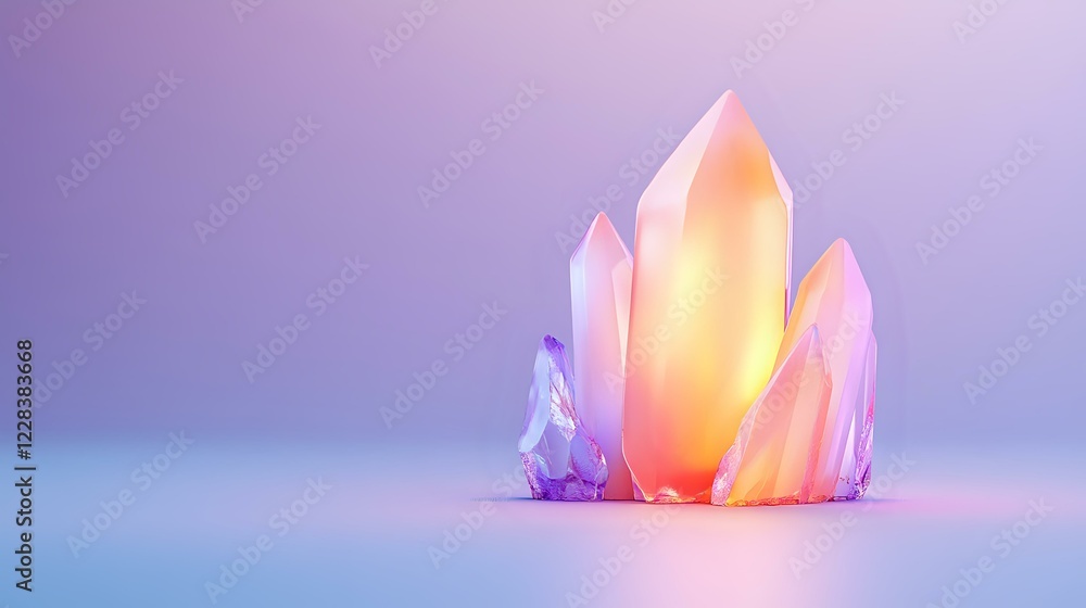 Poster glowing orange and pink crystal cluster formation on soft purple background, illuminated from within