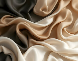 Obraz premium Elegant Silk Satin Fabric Background – Soft Flowing Drapery in Neutral Tones. A sophisticated abstract background showcasing flowing silk satin fabric in a mix of black, brown, sepia, beige, and white