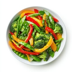 A vibrant vegetable stir-fry with colorful bell peppers, broccoli, and snap peas