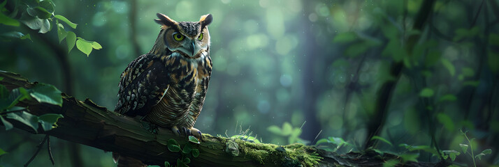 Obraz premium Majestic Owl Perched in Dense Forest, Embracing Mystical Wisdom and Tranquility in Nature's Sanctuary