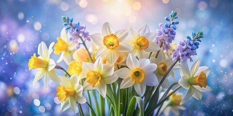 Fototapeta premium Vibrant Easter Daffodil and Bluebell Bouquet - Long Exposure Spring Flowers
