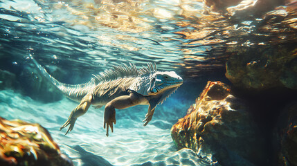 Fototapeta premium An iguana swimming gracefully in clear, shallow water near a rocky shore, with sunlight sparkling on the surface. Sparkling Shore. Illustration