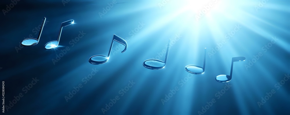 Poster musical notes floating in ethereal blue light rays creating atmospheric composition with dramatic li