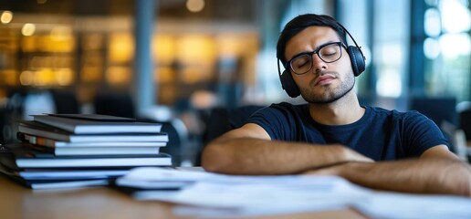 Student sleeping library headphones study tired.  Useful for education