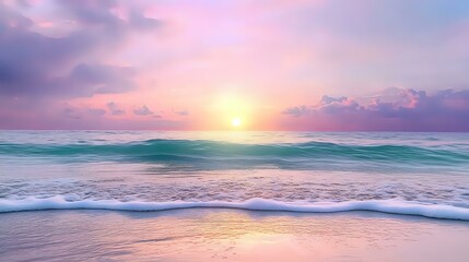 Fototapeta premium Tranquil ocean waves rolling onto sandy beach at sunset with pink and purple sky, golden sun reflection on turquoise water surface creates serene seascape.
