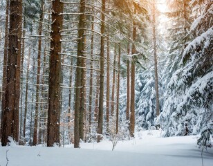 A snowy forest landscape with tall pine trees covered in fresh snow under a soft winter morning light.