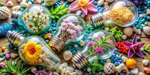 A cluster of colorful glass light bulbs surrounded by tiny flowers