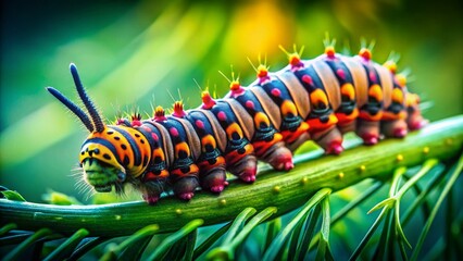 Vibrant Green Caterpillar Close-Up: Vintage Style Macro Photography