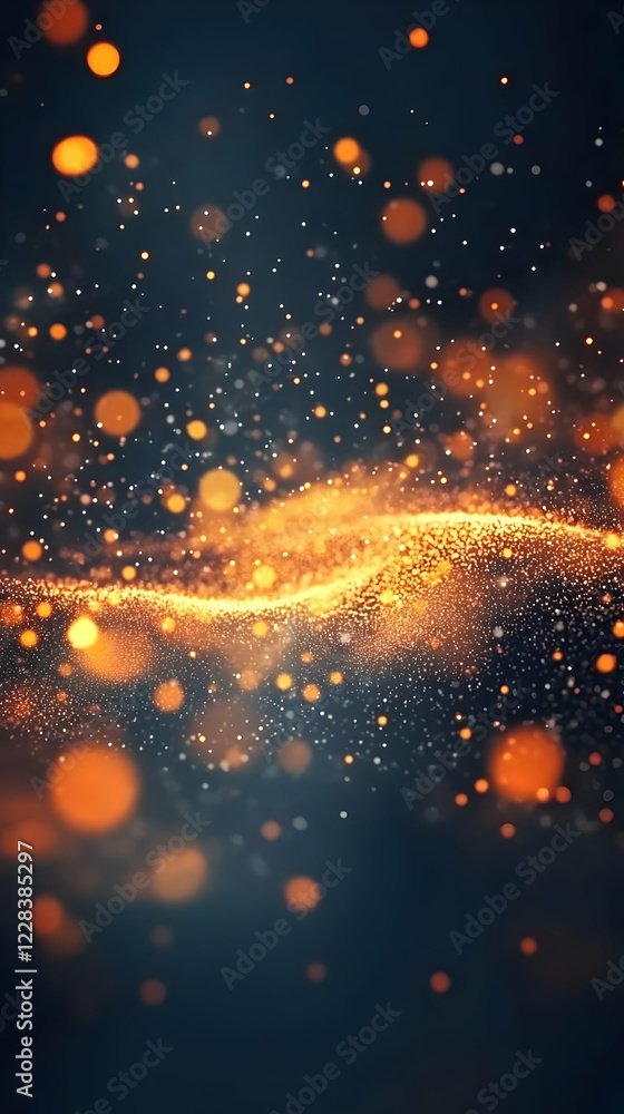 Poster abstract background with golden particles flowing gracefully and elegantly in a dark space