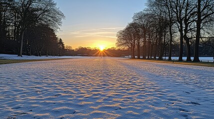 Winter Sunset Over Snowy Park Path Trees