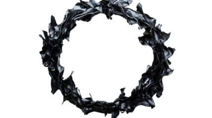 Circular black fabric wreath on transparent background. Transparent background