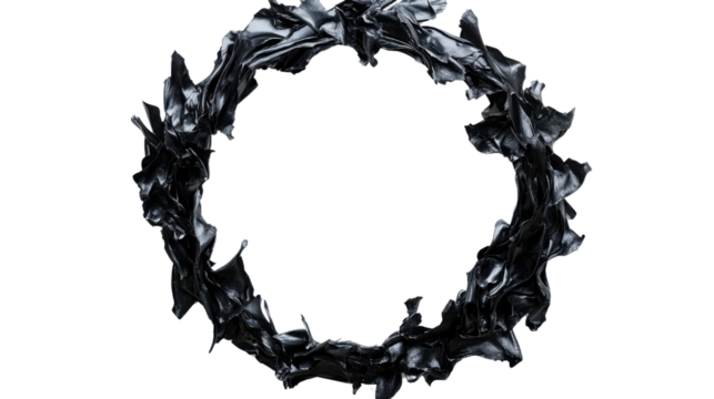 Circular black fabric wreath on transparent background. Transparent background
