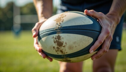 Close-up of a worn rugby ball held by an athlete on a grassy field, preparing for a play
